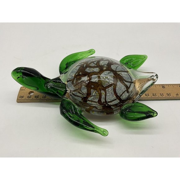 Italian Art Glass Sea Turtle Green Marbled Paperweight Gold Brown Marine - Picture 13 of 16